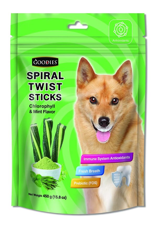 Goodies Dog Energy Treats Spiral Twist Stick Chlorophyll & Mint Flavor Flavor 98% Healthy Snack & Training Treat, Best for Dog (1 x 450g) Supply