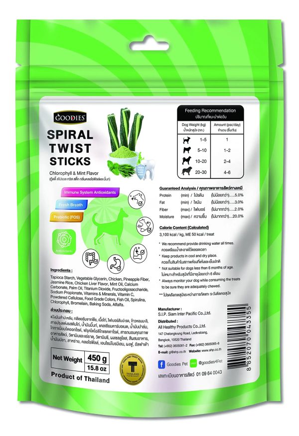 Goodies Dog Energy Treats Spiral Twist Stick Chlorophyll & Mint Flavor Flavor 98% Healthy Snack & Training Treat, Best for Dog (1 x 450g) Supply